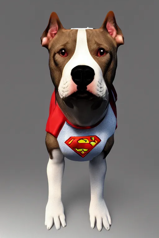 Image similar to pitbull dog wearing superman suit, hyperrealistic, 8 k resolution, artstation, well designed