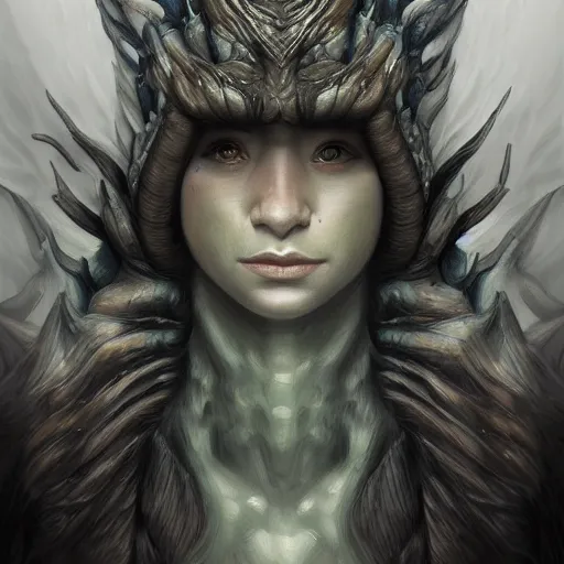Prompt: Portrait of a human dragon hybrid concept art by George Stubbs, highly detailed, ultra detailed, ultra realistic, trending on artstation