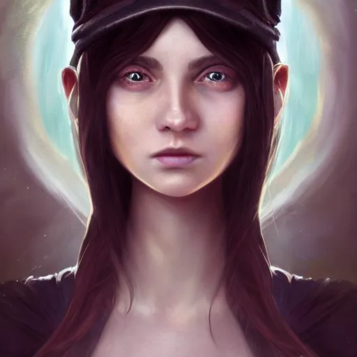 Image similar to centered detailed portrait of an wizard-girl with a basecap, realistic character concept, beautiful wizard, identical eyes, gazing eyes, beautiful eyes medium shot, elegant pose, fantasy, illustration, slender symmetrical face and body, artstation, cinematic lighting, hyperdetailed, cgsociety, 8k, high resolution, Charlie Bowater, Tom Bagshaw and Tom Richmond, single face, insanely detailed and intricate, beautiful, elegant, golden ratio, dark fractal background, vfx, postprocessing, alluring