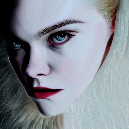 Prompt: Elle Fanning as a vampire with fangs with a white dog in the style of Paola Vetri, head and shoulders portrait, stormy weather, extremely detailed masterpiece, oil on canvas, low-key neon lighting, artstation, Blade Runner 2049, Roger Deakin’s cinematography, by J. C. Leyendecker and Peter Paul Rubens and Edward Hopper and Michael Sowa,