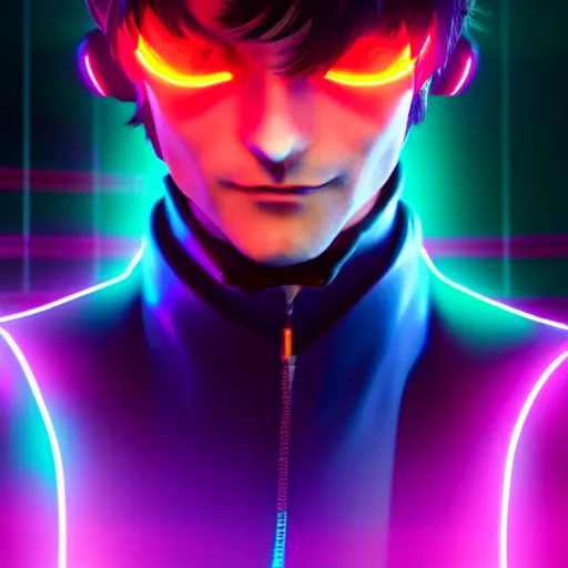 Image similar to Lelouch Lamperouge in a neon city, octane render 8k, atmospheric render, myserious man, professional render, volumetric light, artstation, redshift render, low angle camera, eccentric face