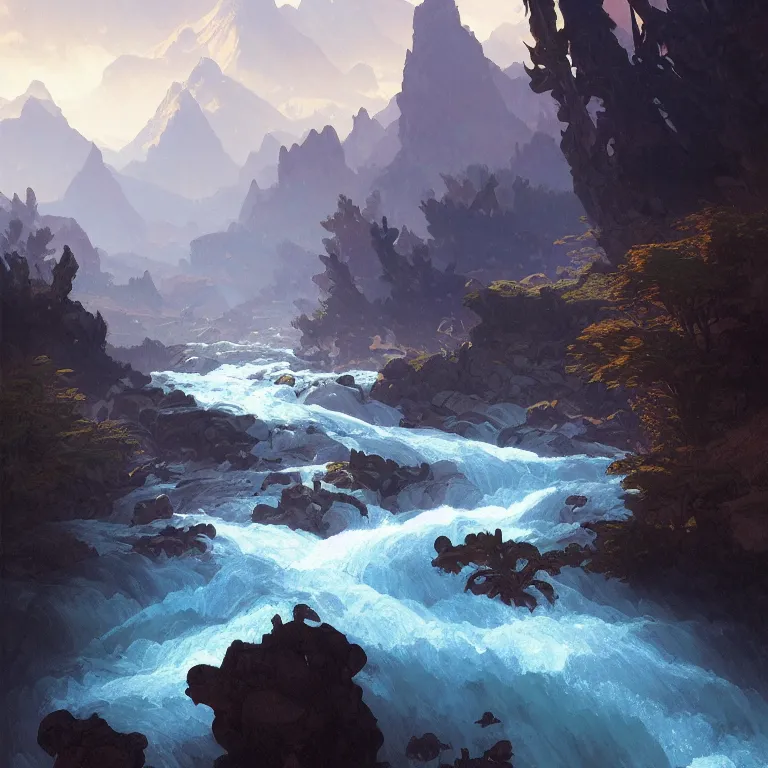 Image similar to Mountain river flows through a fantasy landscape gorge. A big blue lake in the middle of the mountains. Fabulous nature, amazing seascape, highly detailed, digital painting, artstation, concept art, smooth, sharp focus, illustration, art by greg rutkowski and alphonse mucha