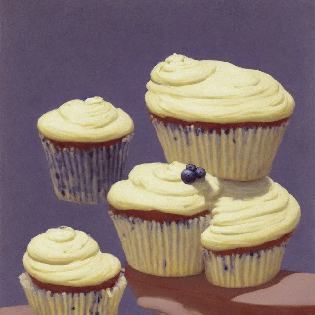 Prompt: painting of 1 blueberry cupcake with creme topping by Edward Hopper