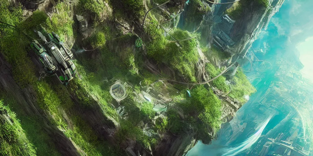 Image similar to futuristic science - fiction landscape seen from above, summer, green, bay, water, flora and fauna, artificial life, concept art, detailed, dylan cole, james gurney, greg rutkowski, artstation, cgi, octane render, 3 d, unreal engine