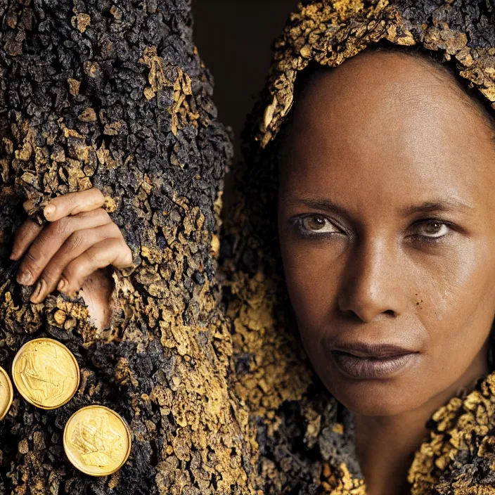 Image similar to closeup portrait of a woman wearing a cloak of gold coins in a charred, burnt forest, by Annie Leibovitz and Steve McCurry, natural light, detailed face, CANON Eos C300, ƒ1.8, 35mm, 8K, medium-format print