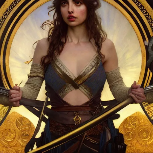 Prompt: ana de armas with sword and potions drawn by Donato Giancola and Tom Bagshaw, face by Artgerm, overall design by Alphonse Mucha, background by James Jean and Gustav Klimt, light by Julie Bell, 4k, porcelain skin, komorebi, french nouveau, trending on artstation, octane render, hyperrealistic