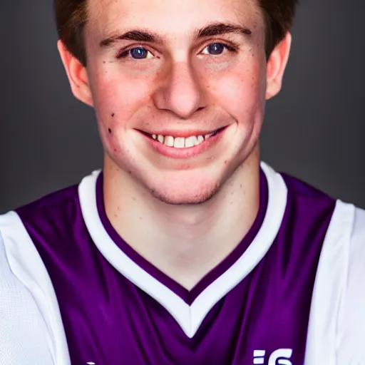 Image similar to photographic portrait by Annie Leibovitz of a young white male smiling with short brown hair that sticks up in the front, dark eyes, groomed eyebrows, tapered hairline, sharp jawline, wearing a purple white volleyball jersey, sigma 85mm f/1.4, 15mm, 35mm, 4k, high resolution, 4k, 8k, hd, full color