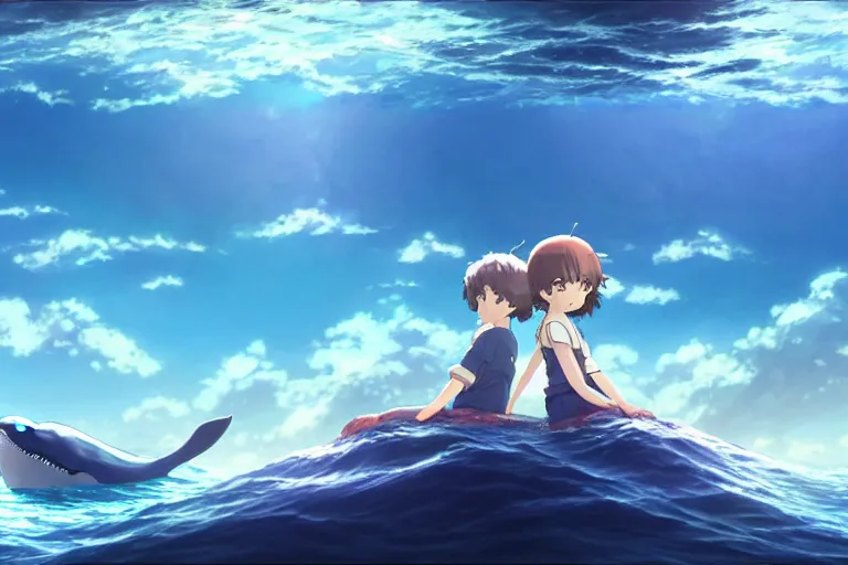 Image similar to a panorama distant view under the water, hyper detailed cg rendering of a cute girl and whale, anime key visual of children of the sea, finely detailed perfect face, style of raphael lacoste, makoto shinkai, violet evergarden, studio ghibli, james jean, hayao miyazaki, extremely high quality artwork