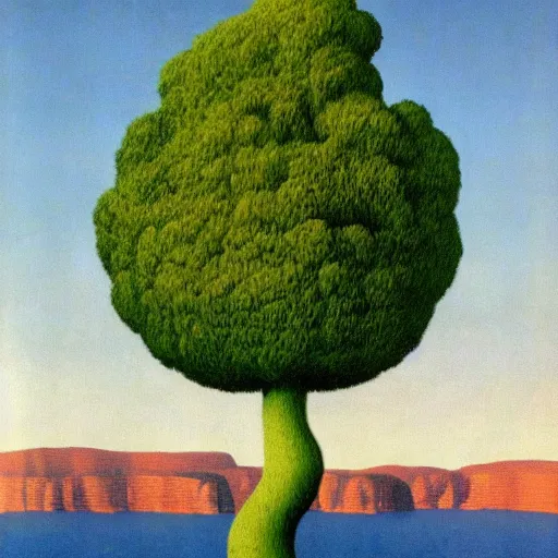 Image similar to painting of a lush natural scene on an alien planet by rene magritte. beautiful landscape. weird vegetation. cliffs and water.