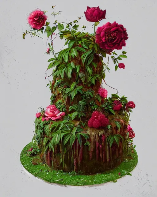 Prompt: overgrown flower cake, raspberry ooze, ferdinand knab, decorative, frosting decor, petros afshar, artstation