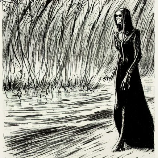 Prompt: tall slender woman with long grey hair in a black dress walking out of a swamp, concept art, high resolution, high quality, highly detailed, elaborate, by ec comics,