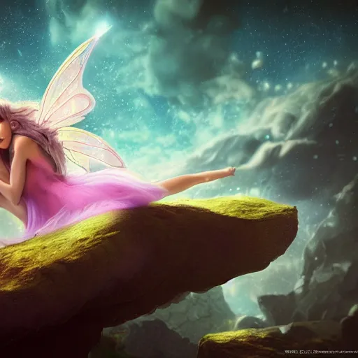 Image similar to magical fairy floating in space, epic cartoon portrait, beautiful, stunning concept art, highly detailed, galaxy background, rendered in octane, unreal engine, trending on artstation, realistic, diviantart, depth of field