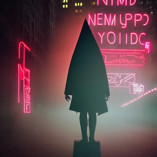 Prompt: pyramid head in a misty new York city lit by neon lights