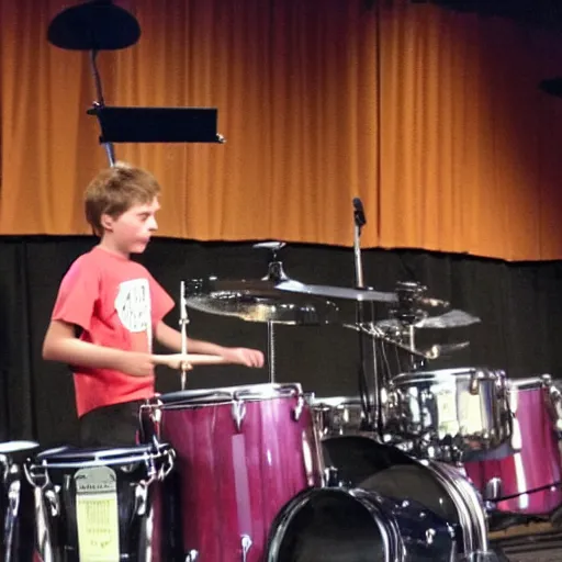 Image similar to the coolest kid in middleschool performing a super drum solo at the talent show
