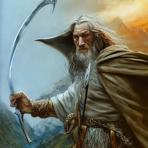 Image similar to beautiful gandalf with a sword in his hand on a bridge fighting the balrog, by alan lee, lord of the rings, smooth, detailed terrain, oil painting, matte painting, concept art, trending on artstation