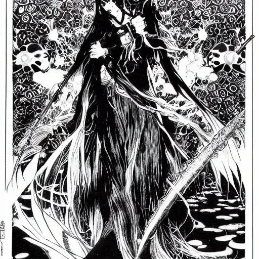 Prompt: highly detailed perspective drawing black and white goetic pen and ink manga panel by hiroya oku!! mucha illustrated sorcerer beautiful attractive long hair chris bell fxv flowing ritual royal!!! vagabond! graphic novel panel swords dramatic esoteric!!!!!! long hair flowing dancing illustrated in high detail by frank miller, shonen jump