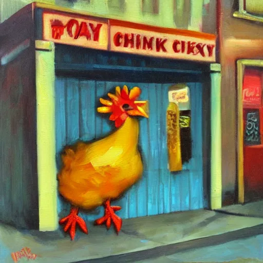 Image similar to the funky chicken gets thrown out of a bar. oil painting in the style of vermeers