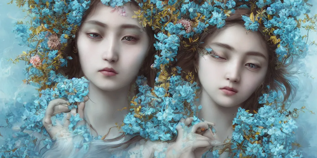 Prompt: breathtaking detailed concept art painting of the goddess of light blue flowers, orthodox saint, with anxious, piercing eyes, ornate background, amalgamation of leaves and flowers, by Hsiao-Ron Cheng, extremely moody lighting, 8K