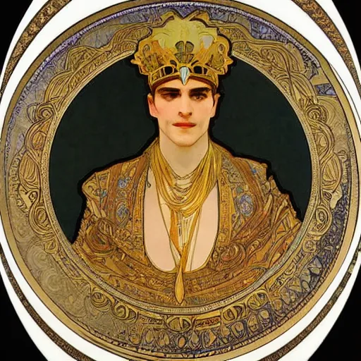 Image similar to an elegant white and gold acrylic painting of a roman emperor, by alphonse mucha