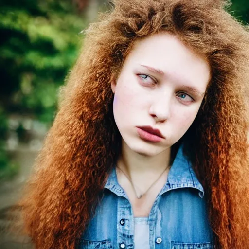 Image similar to teenage girl, shaggy hair permed hair, double denim, heavy rocker, 2 0 2 2 photograph