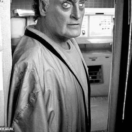 Prompt: Chancellor Gowron, son of M'Rel (Star Trek: Next Generation) and (Star Trek: Deep Space Nine) as portrayed by Robert O'Reilly standing in a rotting gas station bathroom, award winning photo, trending, hyperrealistic, 8k.