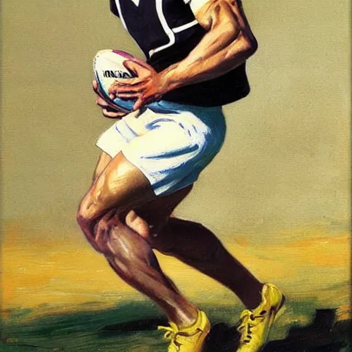 Image similar to handsome blonde rugby player in a running pose, side view, holding the rugby ball in his arm, full color painting by J.C. Leyendecker