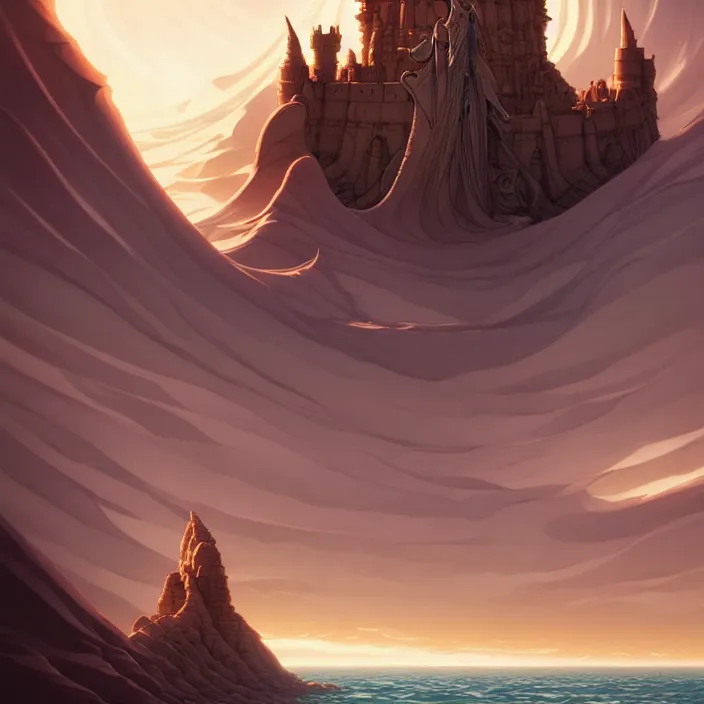 Image similar to style artgerm, joshua middleton, gerald brom, a giant brown stone castle in the desert, very long spires, sand swirling, detailed, ocean background setting, volumetric lighting