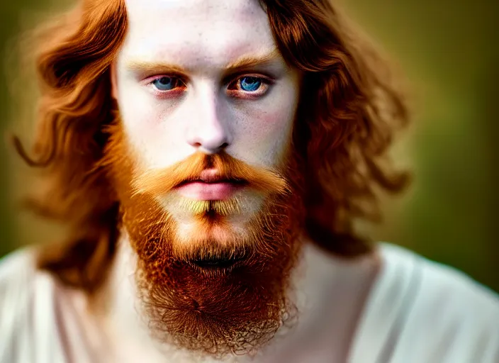 Prompt: portrait photography of a beautiful man how pre-Raphaelites beauty type in style of Nicolas False, britt marling style 3/4 , he has a short beard, ginger hair, beautiful ethereal lace white robes, 8K, soft light, volumetric lighting, highly detailed Realistic, Refined, Highly Detailed, natural outdoor soft pastel lighting colors scheme, outdoor fine art photography