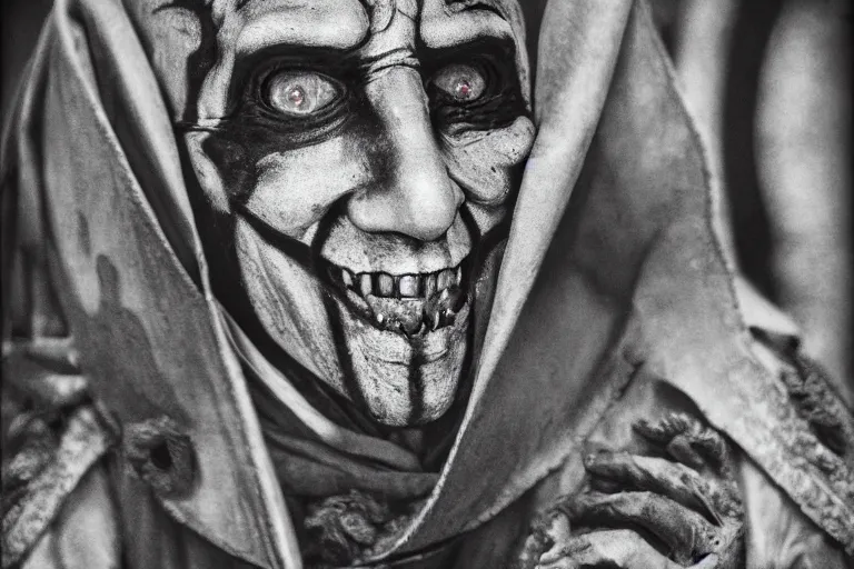 Image similar to medieval jester, sinister, photograph, portrait,