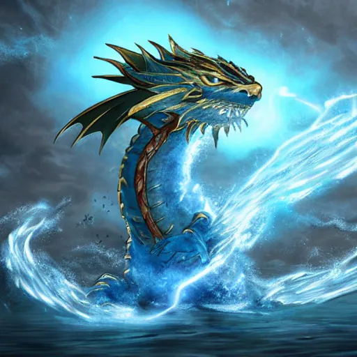 Image similar to a spirit of a water dragon being released by a blue elemental sword, fantasy art