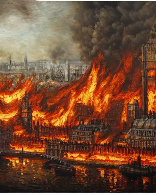 Image similar to oil painting landscape great fire of london, high production value, intricate details, high resolution, hdr, high definition, masterpiece, realistic, ultrarealistic, highly detailed, hd, sharp focus, non blurry, sharp, smooth