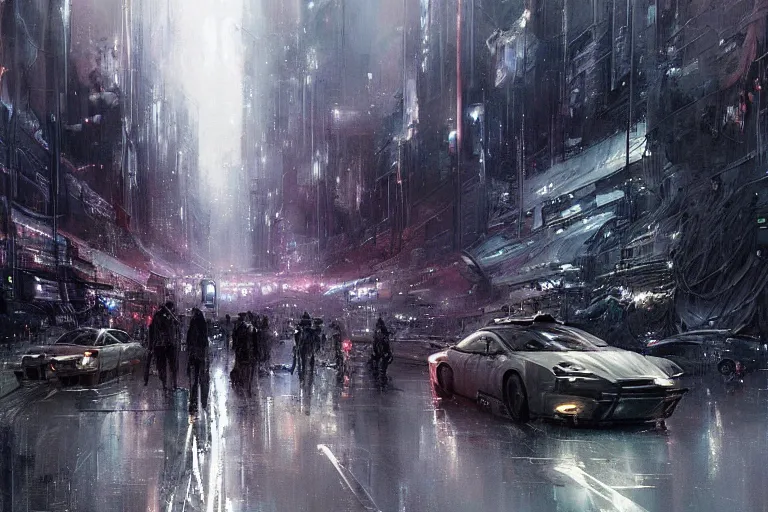 Prompt: sci - fi landscape dark crowded people!!! vehicle overcast rainstorm!! by wadim kashin