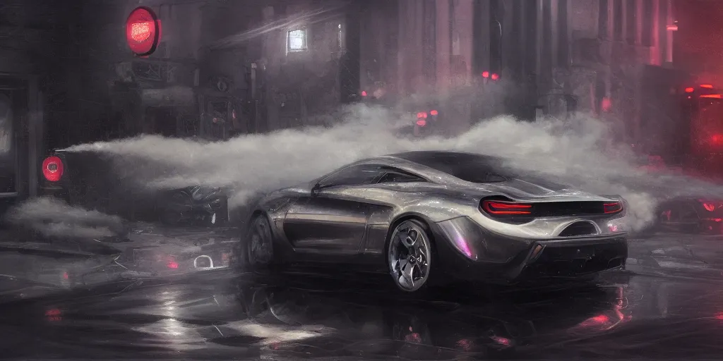 Image similar to full view of a sport car, surrounded in a detailed smoke, busy wet street at night, painted in dark color holographic pearlescent, elegant, digital painting, concept art, smooth, sharp focus, art style from Wang Ke and Greg Rutkowski and Bruce Kaiser and Scott Robertson and Dmitry Mazurkevich and Doruk Erdem and Jon Sibal, small style cue from Mad Max