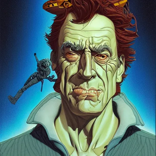 Prompt: total recall rick sanchez portrait by charles vess and james jean and erik jones and rhads, inspired by fly, beautiful fine face features, intricate high details, sharp, ultradetailed