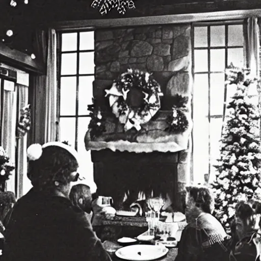 Prompt: Christmas 1985, drunk at christmas lunch, mountain chalet, fireplace, cozy