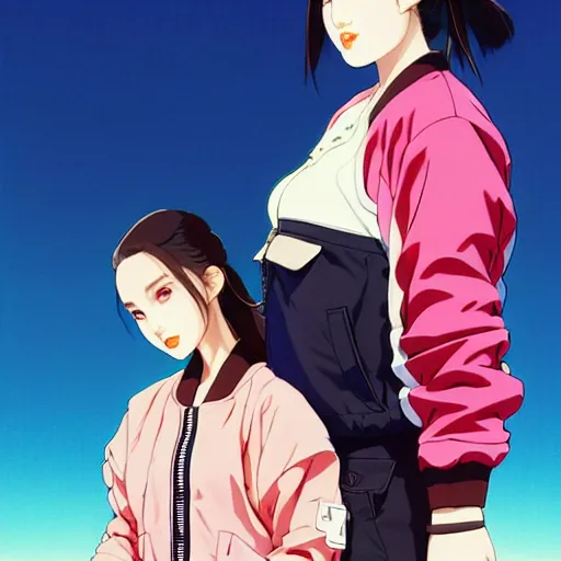 Image similar to a beautiful plus sized model japanese natalie portman, alluring, wearing oversized mayan bomber jacket and leotard with overalls, bulky poofy bomber jacket with mayan patterns, aztec street fashion, gapmoe yandere grimdark, trending on pixiv fanbox, painted by greg rutkowski makoto shinkai takashi takeuchi studio ghibli, akihiko yoshida