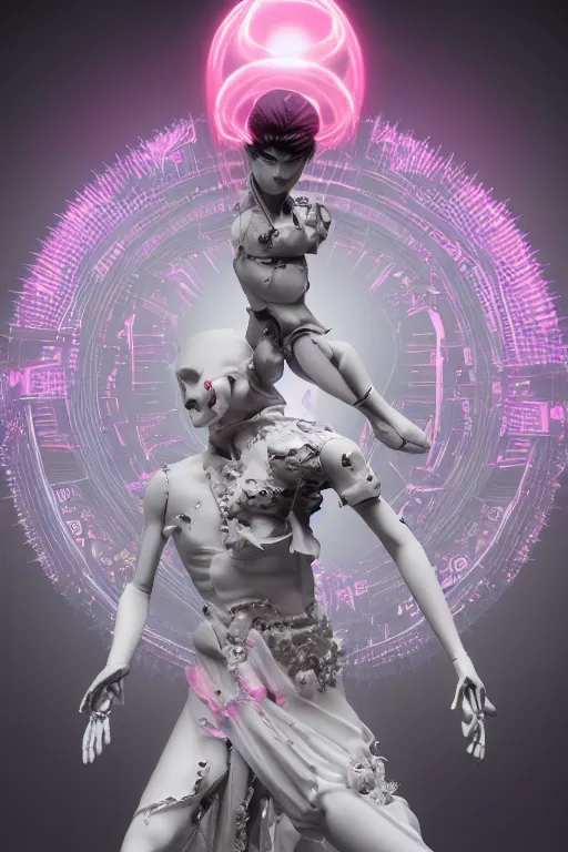 Prompt: full-body rococo and cyberpunk style quartz sculpture of a young handsome seductive japenese android ninja reaching for the sky, glowing pink laser eyes, crown of white gears and diamonds, swirling green-colored silk fabric. futuristic elements. full-length view. intricate artwork by caravaggio. Trending on artstation, octane render, cinematic lighting from the right, hyper realism, octane render, 8k, depth of field, 3D