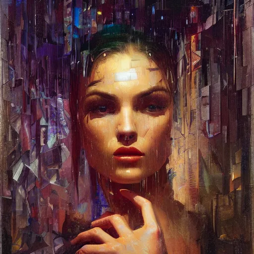 Prompt: detailed face of a woman clothed wrapped in textiles, lush, opulent, shards, utopian, tech noir, wet reflections, prism, atmospheric, ambient, pj crook, syd mead, livia prima, artgerm, greg rutkowski, nick alm, casey baugh