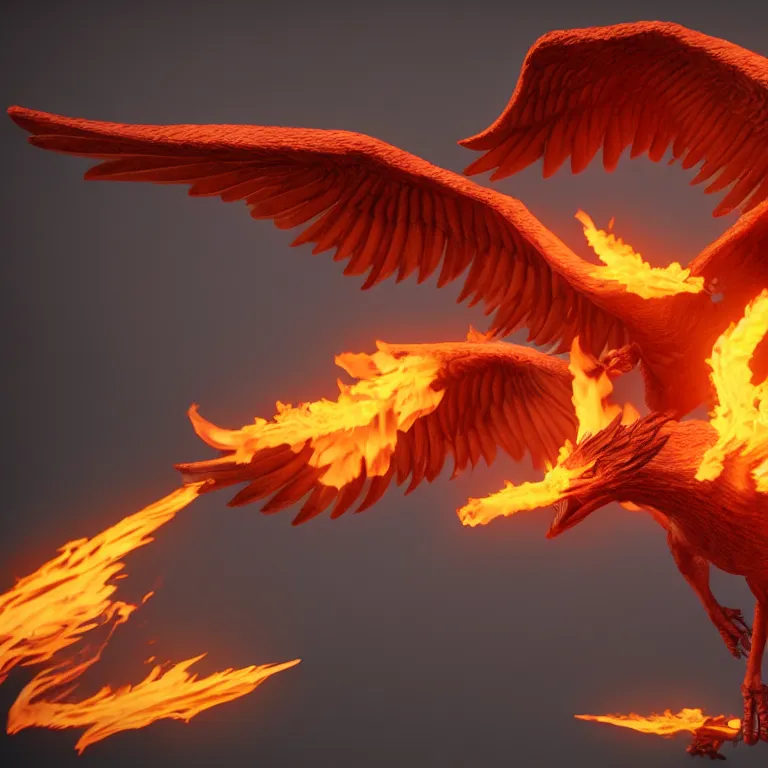 Prompt: phoenix with with flamimg wings, 3 d render, 3 d rendered, hdr, unreal engine 5, ray tracing, dynamic lighting, flame colors, high detail,