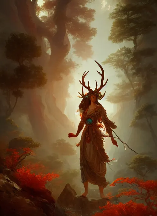 Image similar to Gigantic Deity with antlers and translucent mushrooms, extremly detailed digital painting, in the style of Fenghua Zhong and Ruan Jia and Jeremy Lipking and Peter Mohrbacher, rim light, beautiful lighting, mystical colors, 8k, stunning scene, raytracing, octane, trending on artstation