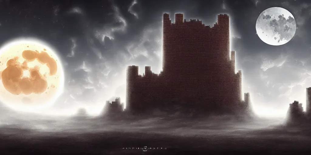 Prompt: a big brick castle surrounded by moons, matte oil painting, cumulus clouds, impact craters, fantasy, concept art, clear, crisp, sharp, extremely detailed, wallpaper