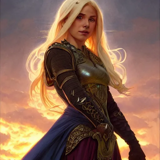 Image similar to an epic fantasy comic book style portrait painting of a young blonde girl thief, d & d, fantasy, joyful smirk, intricate, elegant, digital painting, face enhance, artstation, concept art, matte, sharp focus, illustration, art by artgerm and greg rutkowski and alphonse mucha