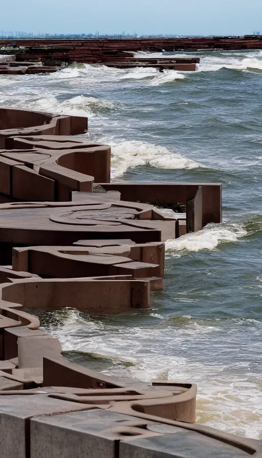 Prompt: beautiful color pentax photograph of pristine frank lloyd wright storm surge barriers. distant shot, wide angle