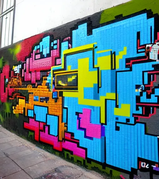 Image similar to graffiti street art pixelart retro videogames from the 8 0 s, streetview