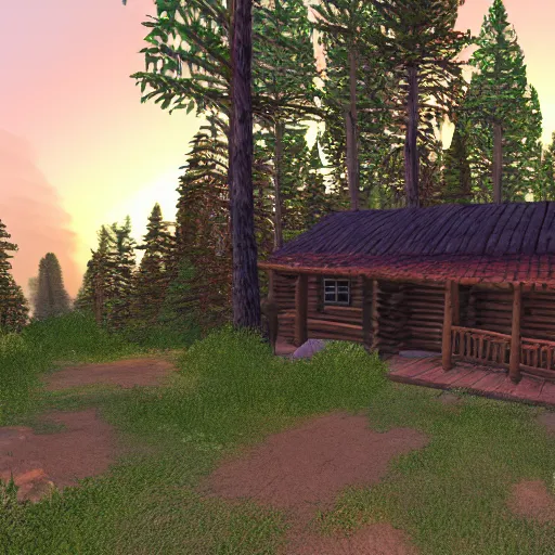 Image similar to a log cabin in the middle of the forest with a dirt path leading up to it, at sunset, Second Life game screenshot