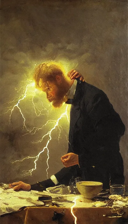 Image similar to still life painting of man getting struck by lightning, by Peder Krøyer, party, golden hour, dramatic lighting, epic, gargantuan, intricate detail, canvas print