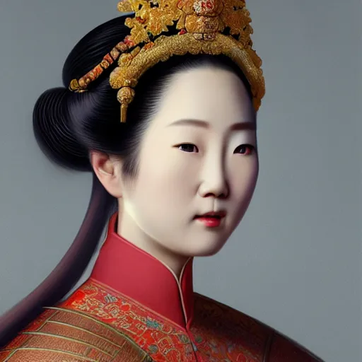 Image similar to hyper realism portrait of Chinese princess by Zhong, Fenghua and Ohara, Koson, stunning, detailing, artstation trending, perfect lighting, golden hour, face detailing