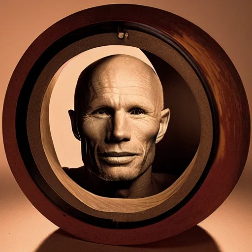 Prompt: Woodturning art representing Ed Harris, studio lighting, F 1.4 Kodak Portra