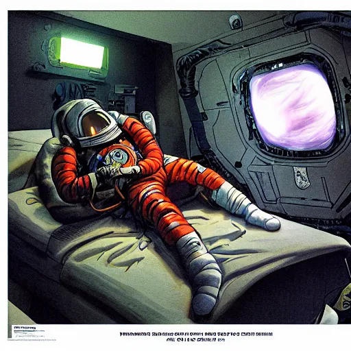 Image similar to surviving injured crashed spaceman, waking up, being cared for by primitive extraterrestrials, cinematic, worm's eye view, dramatic lighting, illustration, ron cobb, mike mignogna, science fiction