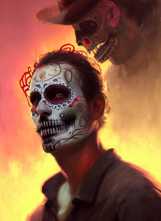 Prompt: portrait of dia de muertos as rick grimes, extremely detailed digital painting, in the style of fenghua zhong and ruan jia and jeremy lipking and peter mohrbacher, mystical colors, rim light, beautiful lighting, 8 k, stunning scene, raytracing, octane, trending on artstation